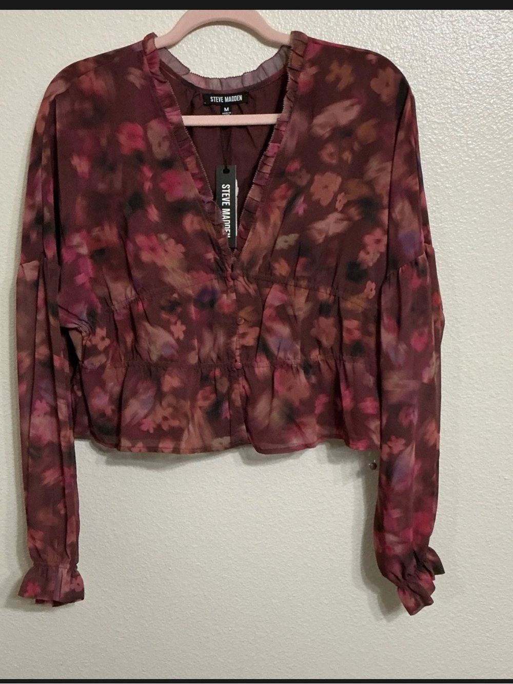 Steve Madden Burgundy Floral V-Neck Long Sleeve Blouse